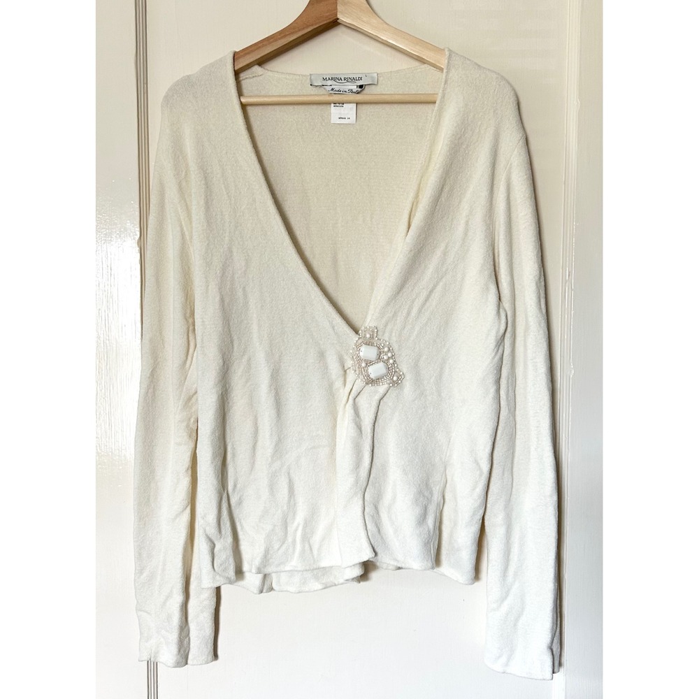 Marina Rinaldi Wrap Front Cozy Knit Long Sleeve Jewel Accent Top in White